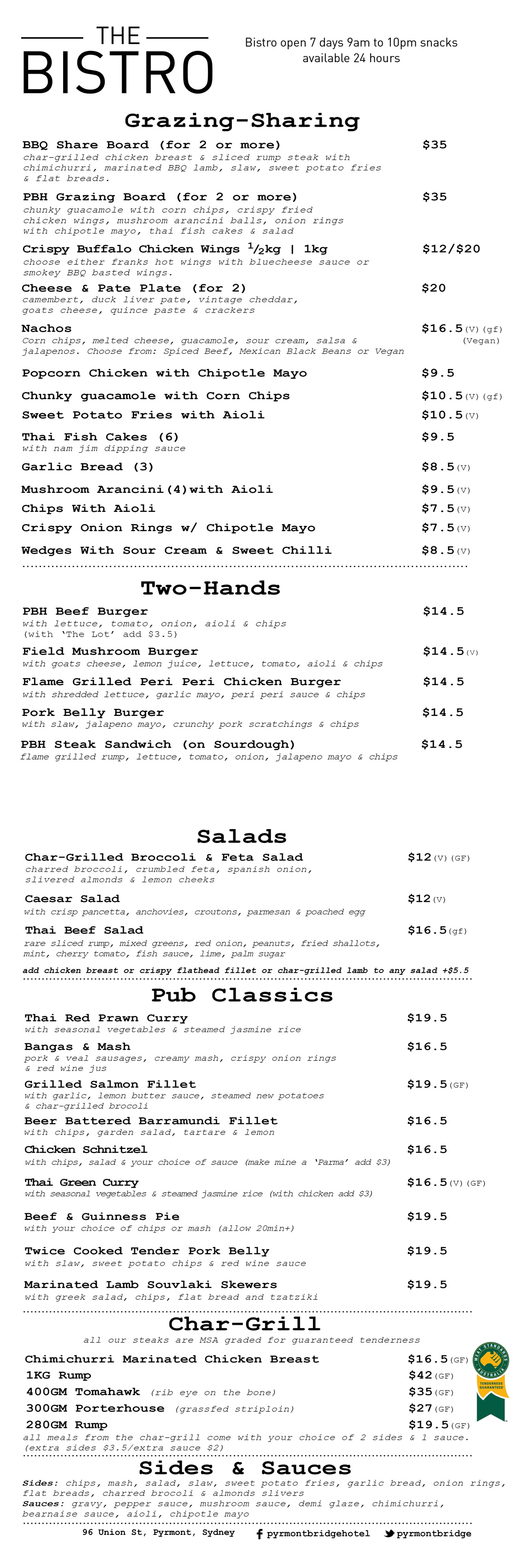 Bistro Menu Pyrmont Bridge HotelPyrmont Bridge Hotel