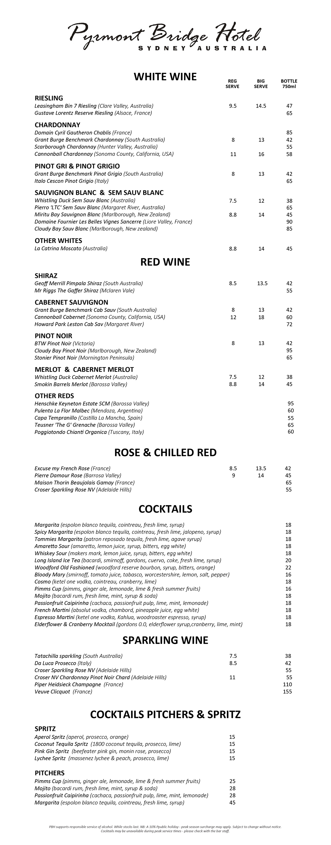 Wine + Cocktail List Pyrmont Bridge Hotel